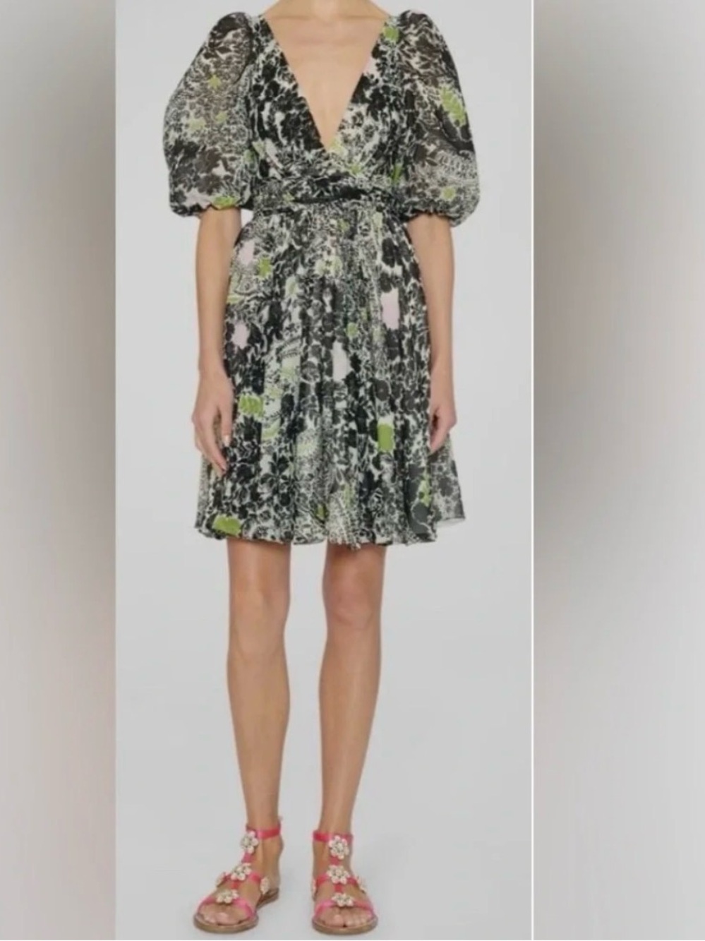 Giambattista Valli V-Neck Puff-Sleeve Floral Mini Dress